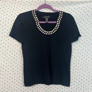 Cable & Gauge Black Short Sleeve Beaded Neckline Sweater Shirt